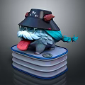 Cartoon Creature With NYX Hat Tongue Out White Mustache And Blue Tail On Stacked Books