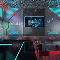 Modern Café Interior With Futuristic Ceiling Neon Lights And Bar Counter