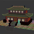 Cartoon Chinese Traditional Two Story Building Scene with Green Roof Red Walls and Stone Lions