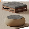 Modern Wooden Coffee Table With Gray Cushion And Beige Round Textured Surface