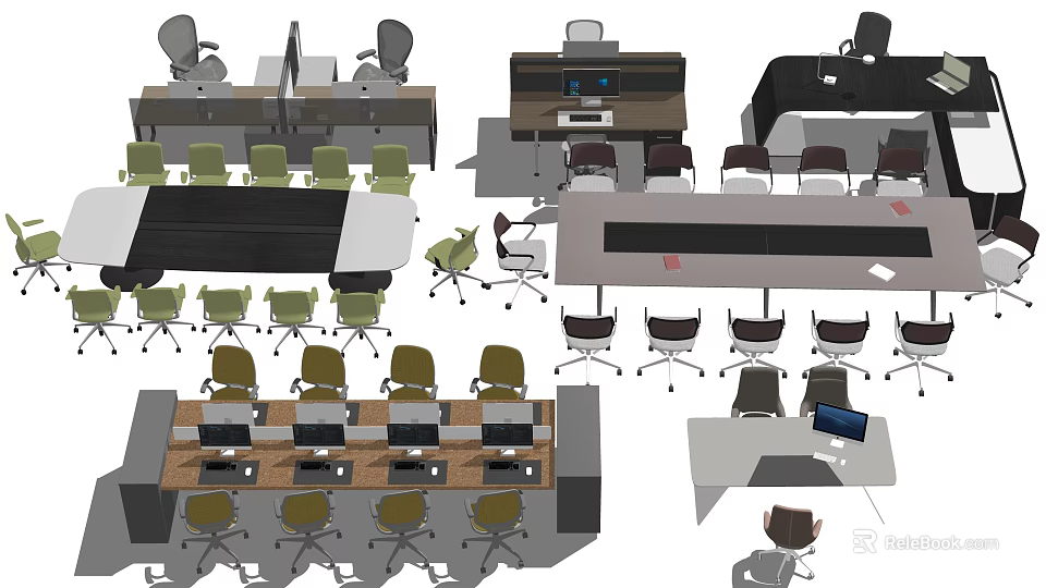 Modern Office Desks With Ergonomic Chairs And Computer Workstations Setup 3d model