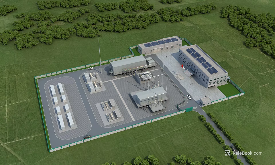 Aerial View of Modern Industrial Plant With Solar Panels Multiple Buildings and Green Grassland 3d model 