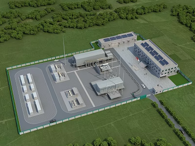 Aerial View of Modern Industrial Plant With Solar Panels Multiple Buildings and Green Grassland 3d model
