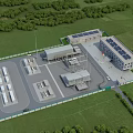 Aerial View of Modern Industrial Plant With Solar Panels Multiple Buildings and Green Grassland