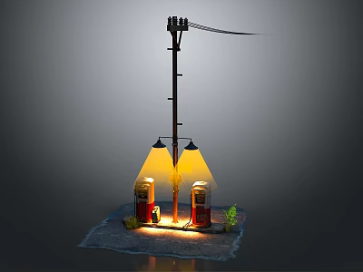 Vintage Gas Pumps With Illuminated Lights Beside Utility Pole On Grass Base 3d model