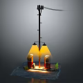 Vintage Gas Pumps With Illuminated Lights Beside Utility Pole On Grass Base