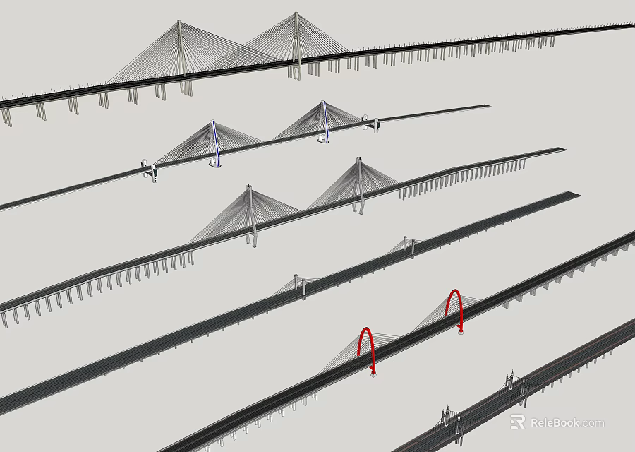 Various Bridge Structural Designs With Cable Stayed And Arch Features 3d model
