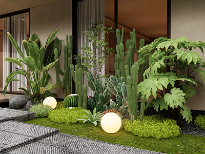 Modern Outdoor Plant Combination with Large Greenery Cacti Ferns Lawn and Round White Lights 3d model