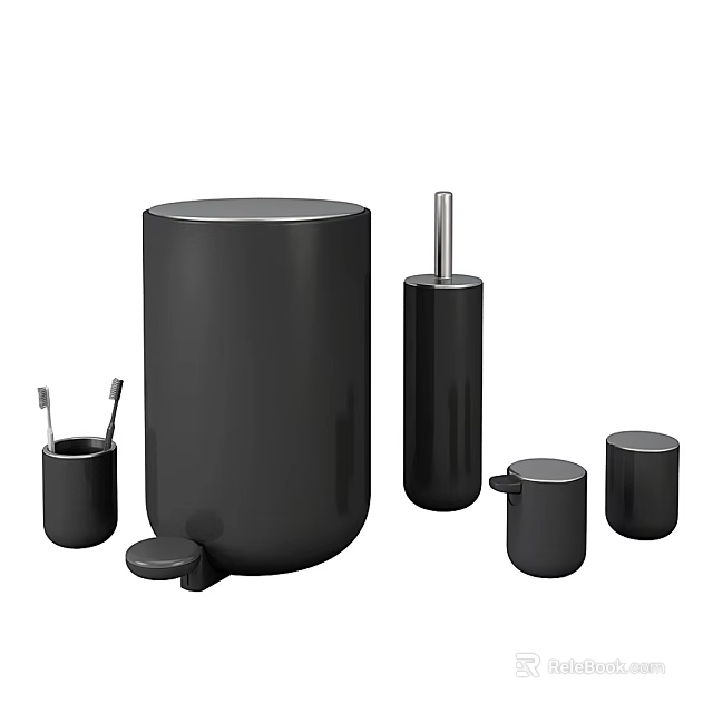 Modern Black Washing Daily Items With Trash Can Toilet Brush And Storage Containers 3d model 