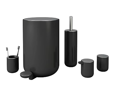 Modern Black Washing Daily Items With Trash Can Toilet Brush And Storage Containers 3d model