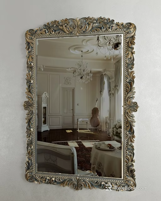 Ornate Framed Mirror Reflecting Elegant Room With Chandelier Cello And Dining Table 3d model 