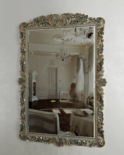 Ornate Framed Mirror Reflecting Elegant Room With Chandelier Cello And Dining Table 3d model