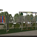 Playground Equipment With Colorful Circular Structures Slides Fences Lawn And Trees In Outdoor Setting