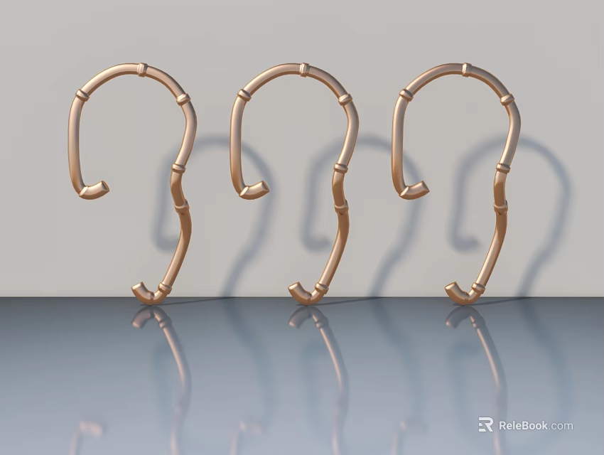 Three Copper Colored Bamboo Shaped Swing Door Handles On Gray Background With Reflections 3d model 