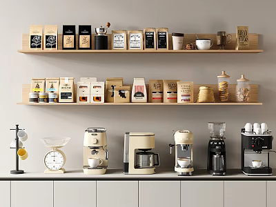 Daily Electrical Appliances Including Coffee Makers Blenders And Scales On Kitchen Countertop With Shelves 3d model