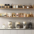 Daily Electrical Appliances Including Coffee Makers Blenders And Scales On Kitchen Countertop With Shelves