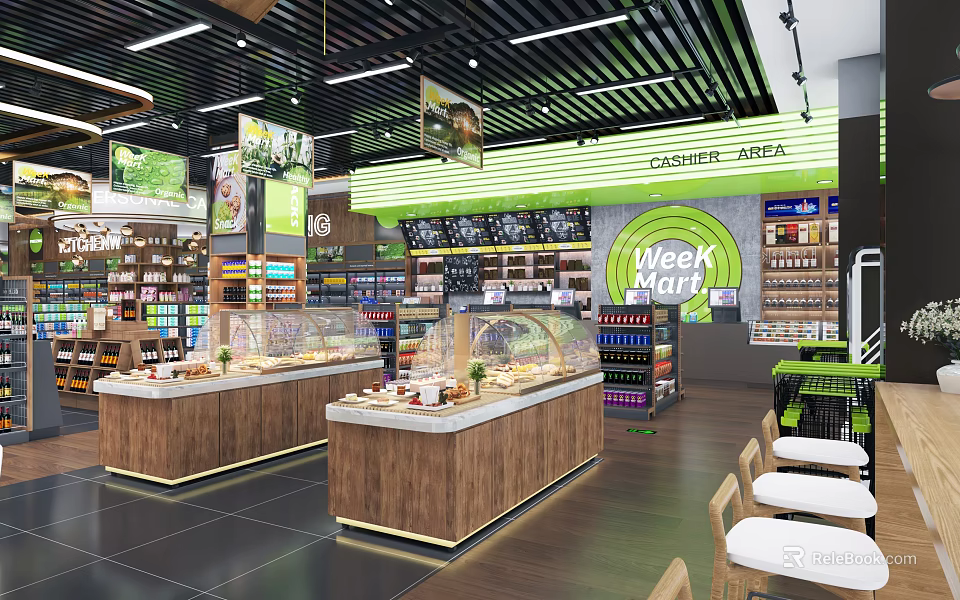 Well Organized Supermarket Interior with Product Shelves Bakery Counter Shopping Carts and Seating Area 3d model 