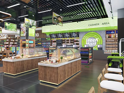 Well Organized Supermarket Interior with Product Shelves Bakery Counter Shopping Carts and Seating Area 3d model
