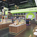 Well Organized Supermarket Interior with Product Shelves Bakery Counter Shopping Carts and Seating Area