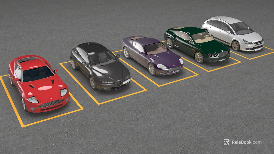 Different Colored Cars Parked In Parking Lot With Yellow Lines 3d model 
