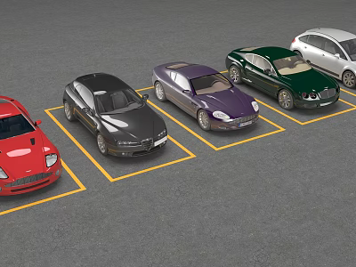 Different Colored Cars Parked In Parking Lot With Yellow Lines 3d model