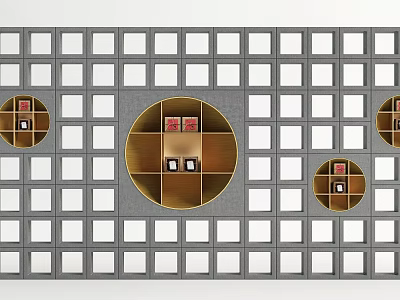 Decorative Room Partition With Grid Pattern And Circular Golden Frames Design 3d model