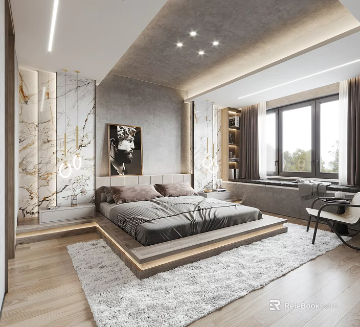 Modern Bedroom Interior Design With Marble Walls Large Bed And Wooden Floor 3d model 