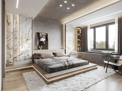 Modern Bedroom Interior Design With Marble Walls Large Bed And Wooden Floor 3d model