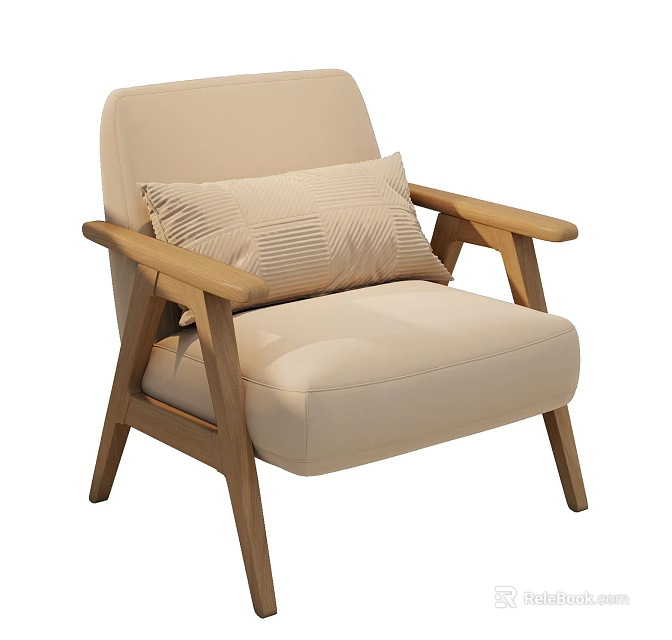 Modern Leisure Chair With Wooden Frame Beige Cushion And Striped Pillow 3d model 