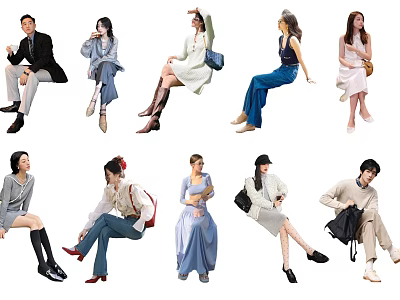 Group of Individuals in Diverse Sitting Poses With Stylish Fashion Outfits 3d model