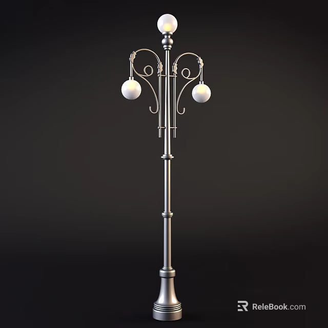 Elegant Metal Outdoor Light with Decorative Pole and Two Spherical Lampshades 3d model 