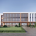 Modern School Building With White And Brown Exterior Large Glass Windows Lawn And Shrubs