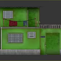 Two Story Green Building With Gray Roof Balcony Clothes Hanging Hammock And Grilled Windows