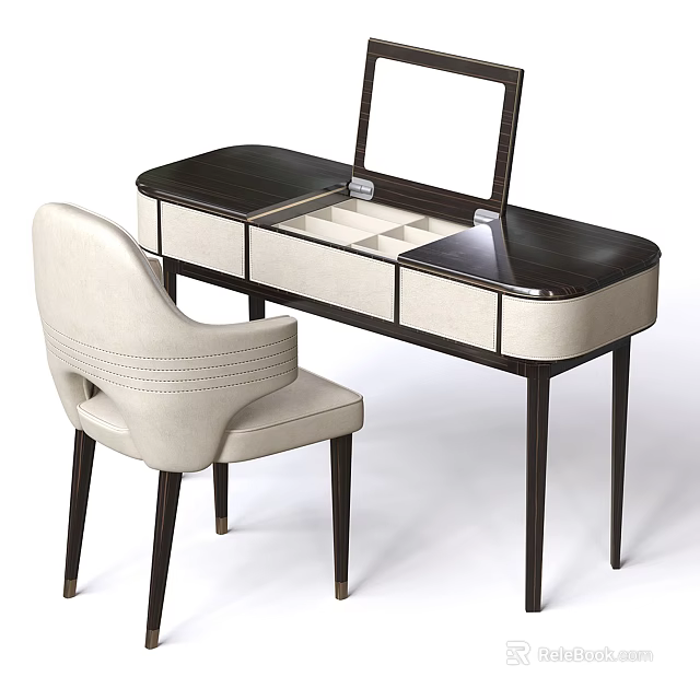 Modern Dressing Table With Dark Wood Top Beige Drawers Jewelry Storage Compartments And Matching Chair 3d model 