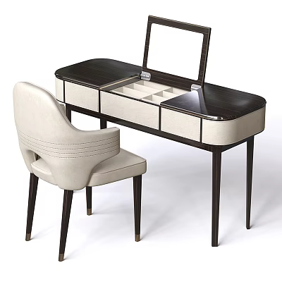 Modern Dressing Table With Dark Wood Top Beige Drawers Jewelry Storage Compartments And Matching Chair 3d model