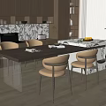 Modern Dining Room With Wooden Cabinets Marble Backsplash Dining Table And Indoor Plant