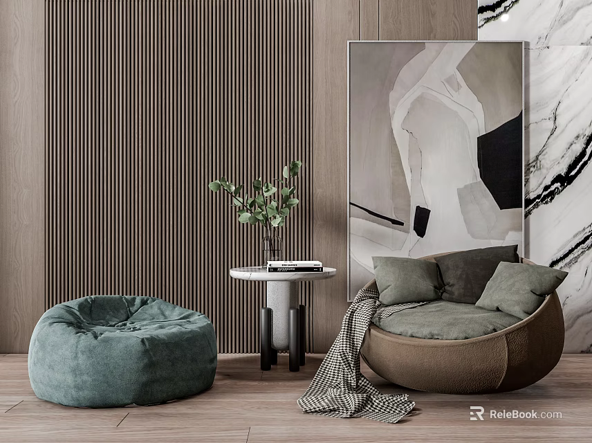 Cozy Casual Sofa Set With Green Bean Bag Cushions Side Table Plant And Decorative Painting 3d model 