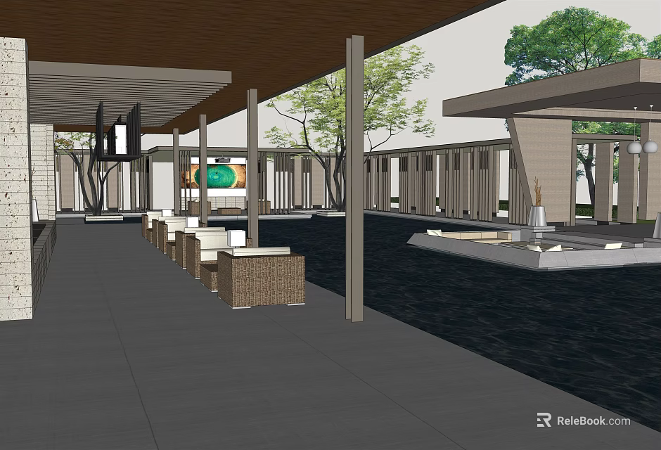 Modern Garden Landscape Design With Wooden Roof Columns Trees And Water Feature Seating 3d model 