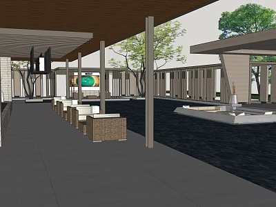 Modern Garden Landscape Design With Wooden Roof Columns Trees And Water Feature Seating 3d model