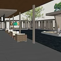 Modern Garden Landscape Design With Wooden Roof Columns Trees And Water Feature Seating