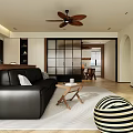 Modern Living Dining Room Interior With Black Leather Sofa Wooden Ceiling Fan And Patterned Area Rug