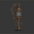 Vintage Copper Lantern With Ornate Iron Scrollwork Glass Enclosure And Blue Base