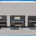 Three Black Upright Pianos With Music Sheets And Benches For Musical Instruments
