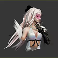 Game and Movie Character With Long White Hair Black Bow Pink Flower And Mechanical Arm