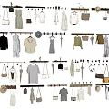 Wall with Hanging Rods Displaying Various Clothes and Fashion Bags