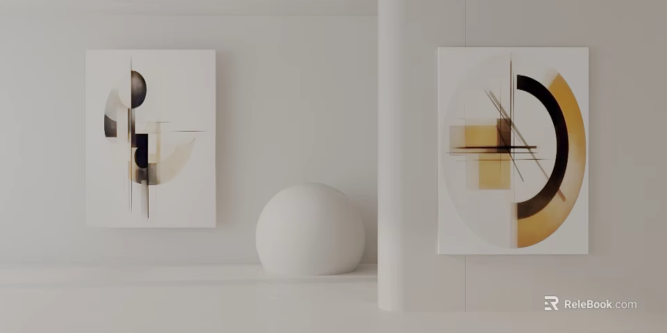 Abstract Paintings And White Sphere In White Wall Column Interior 3d model