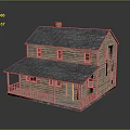 Two Story Wooden House With Gray Roof Red Chimney And Front Porch