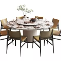 Elegant Round Dining Table Set With Marble Top Chairs Tableware And Green Plant 3d model
