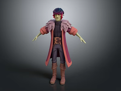 Game Movie Character with Green Skin Blue Purple Hair Fur Collar Coat Belt Brown Boots 3d model
