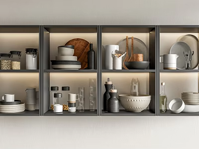Organized Kitchen Shelves With Various Kitchenware Bowls Plates And Jars 3d model